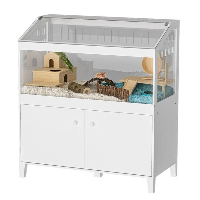 A modern hamster cage cabinet with storage, showcasing a hamster enjoying its wheel