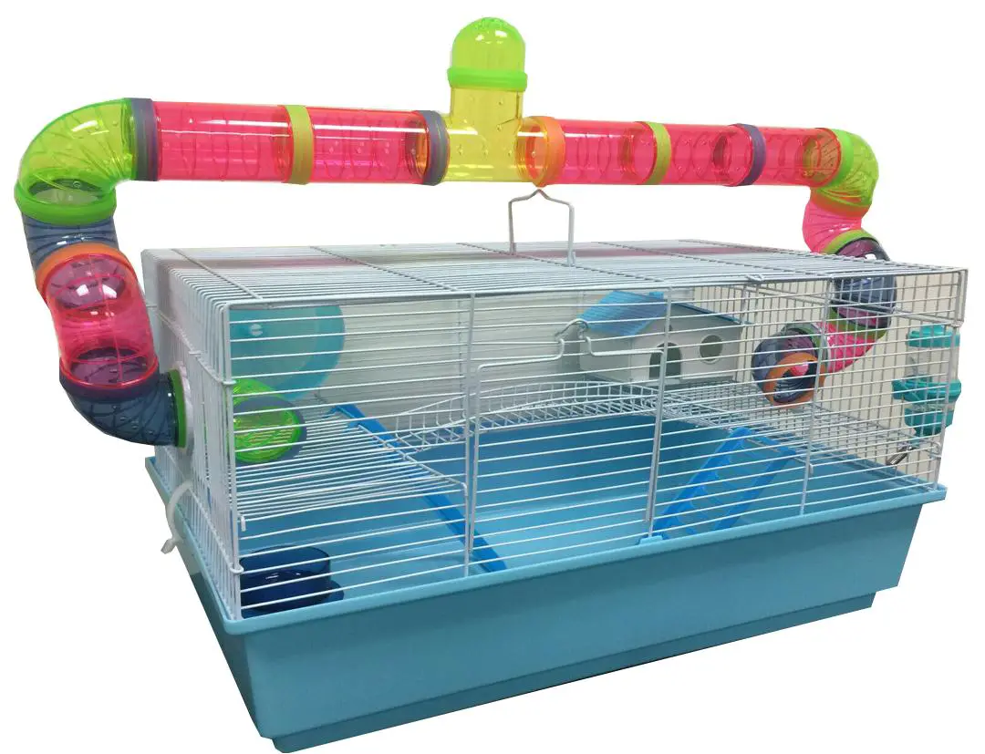 LARGE 3-Level Hamster Habitat Mouse Home Gerbil Cage With Bridge and Long Crossover Entrance Tube Tunnel Expansion Outlet 5.5&quot; Deep Base